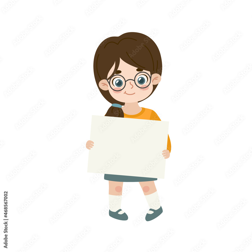 Cute girl with glasses standing and holding blank banner. Cartoon child show empty paper sheet. Cute girl with glasses standing and holding blank banner. Cartoon child show empty paper sheet.