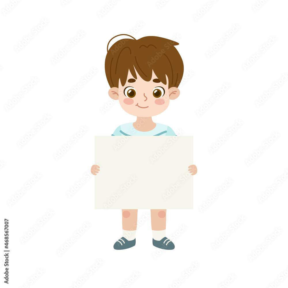 Cute happy boy holding empty banner in front. Cartoon kid standing and showing blank paper sheet. Cute happy boy holding empty banner in front. Cartoon kid standing and showing blank paper sheet.