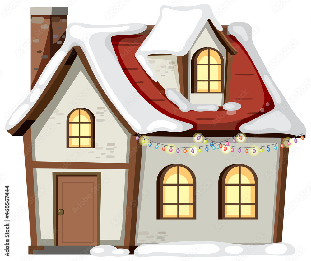 House covered with snow on white background