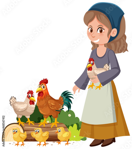 Medieval girl raising chickens on white background