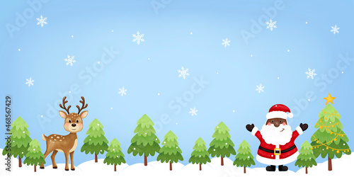 Fototapeta Naklejka Na Ścianę i Meble -  Christmas and New Year banner.  Black santa, deer, trees, stars, snow. African American Santa. Afro Santa.