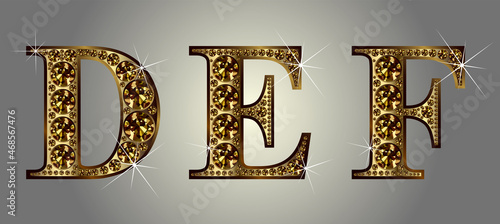 Diamond alphabet letters. Stunning beautiful DEF jewelry set in gems and silver. Vector eps10 illustration.