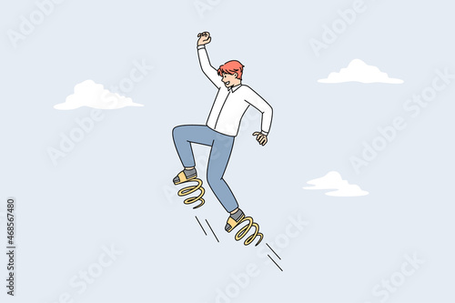 Businessman on springs jump high reach business success. Male employee or worker approach career aim or goal achievement. Startup and progress concept. Development. Vector illustration.