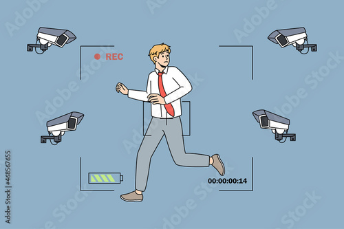 Anxious young businessman run stressed with cameras fixing following him. Worried unhappy man employee distressed panic with photo cam shoot moves. Privacy lack concept. Vector illustration.
