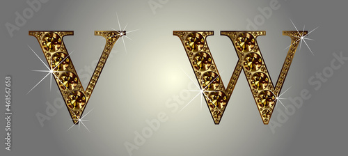 Diamond alphabet letters. Stunning beautiful V, W jewelry set in gems and silver. Vector eps10 illustration.