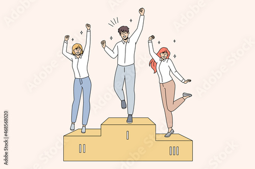 Overjoyed people winners stand on podium celebrate victory in competition or tournament. Happy men and women excited with win, rank top get first places. Recognition. Success. Vector illustration.