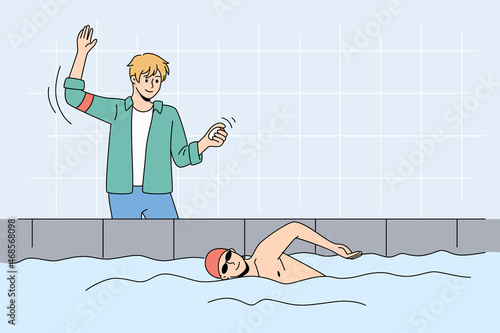 Trainer or coach check time of professional swimmer exercise in indoor basin. Supervisor teach man to swim, training in pool. Healthy lifestyle, sport and physical activity. Vector illustration.