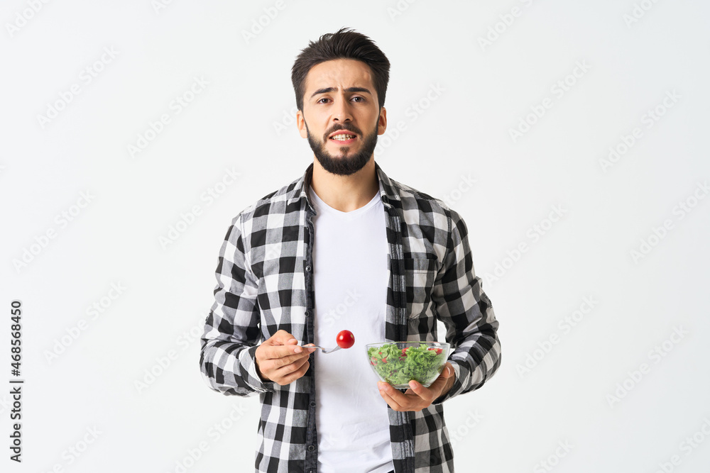 cheerful man in plaid shirt plate with salad healthy food cheerful man in plaid shirt plate with salad healthy food