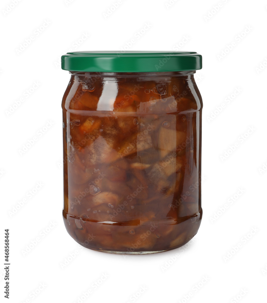 Tasty apple jam in glass jar isolated on white Tasty apple jam in glass jar isolated on white