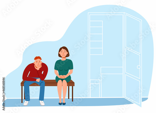 queue. people are sitting in line on a bench in the office. vector illustration in a flat style