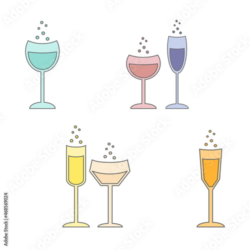 Six Glass Icons in Aqua, Pink, Blue, Yellow, Beige and Orange Colors with Bubbles. Glasses of Different Shapes. Flat Vector Illustration