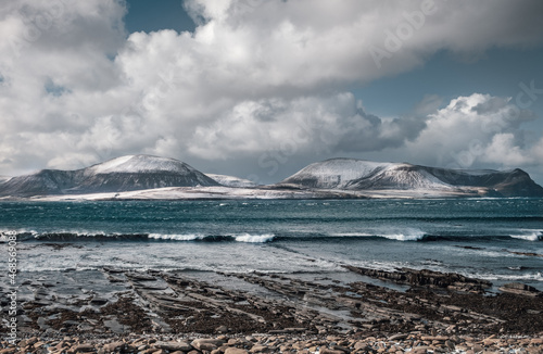 Snow covered Orkney Islands with Hoy hills in the background. 