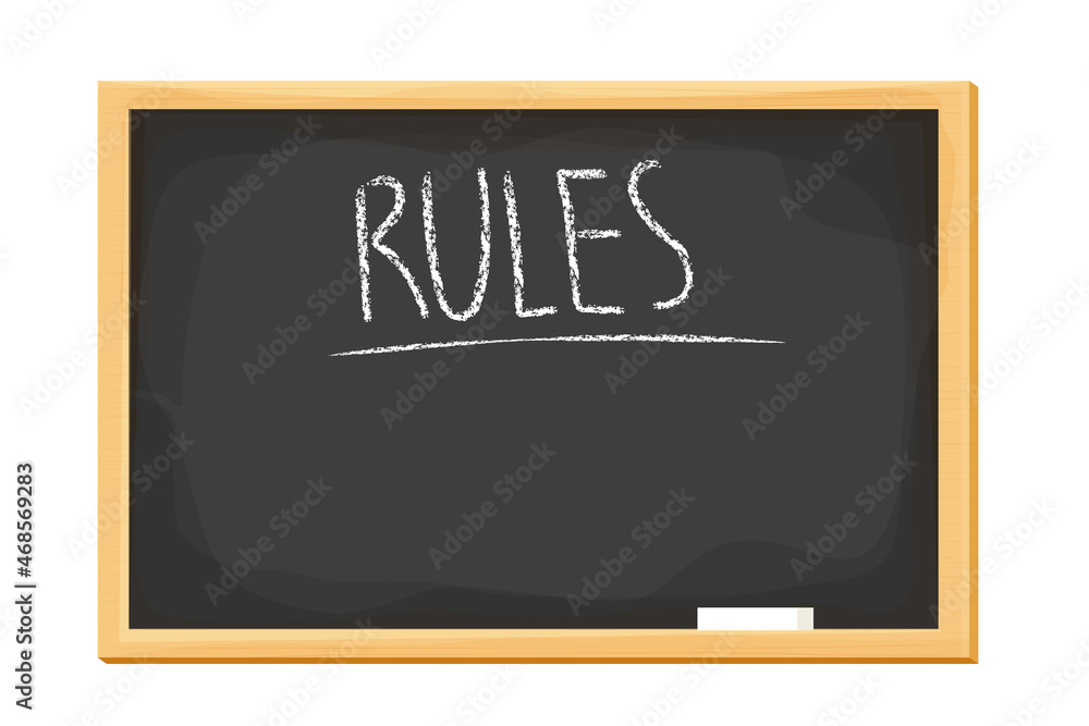 Text Rules on blackboard with piece of chalk in cartoon style in wooden frame isolated on white background. Back to school concept, businesses. Text Rules on blackboard with piece of chalk in cartoon style in wooden frame isolated on white background. Back to school concept, businesses.