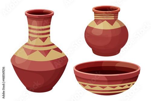 Set african pot, ceramic vase, craft tribal artifact in cartoon style isolated on white background. Collection amphora from clay, 