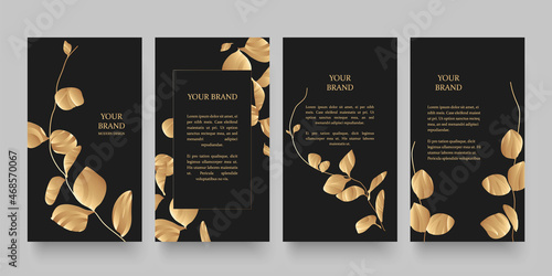 Floral cover, frame design set with gold leaves on black background. Luxury premium background pattern for menu, elite summer sale, luxe invite template, ​formal invitation, luxury voucher
