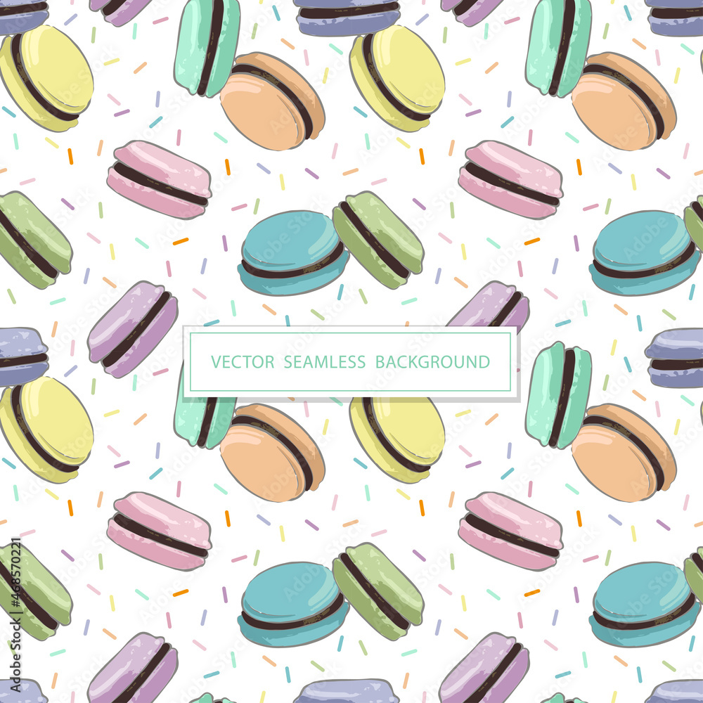 Seamless pattern with french sweet macaroons. Cute donuts isolated on white background. Delicious desserts. Fresh bakery. Can be used in food industry for wallpapers, posters, wrapping paper. Vector