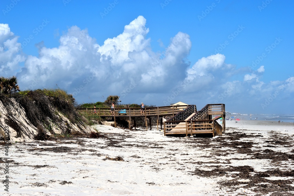 Wooden walkway to the ocean beach background at Florida, USA.
