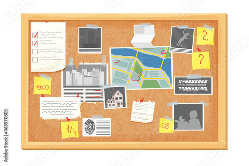 Detective investigation cork board, work place in cartoon style isolated on white background. Mystery photo, map, police mind plan 