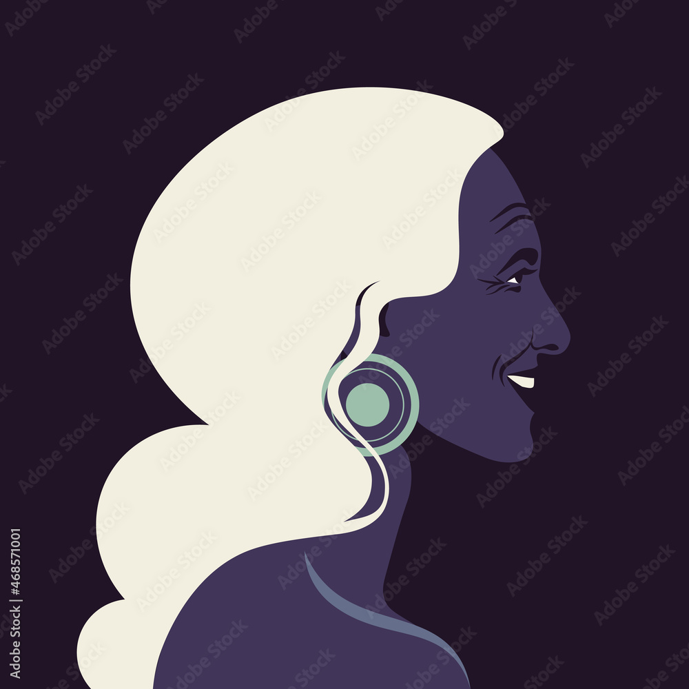 A profile of an elderly Latin American woman. A face of a happy grandmother. Side view. Avatar. Dark background. Vector flat Illustration