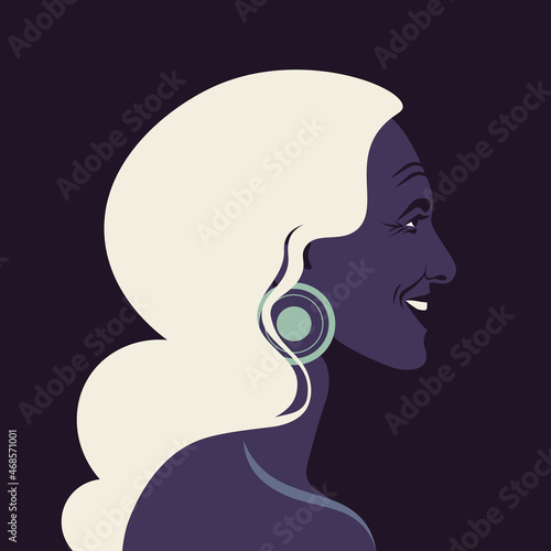 A profile of an elderly Latin American woman. A face of a happy grandmother. Side view. Avatar. Dark background. Vector flat Illustration