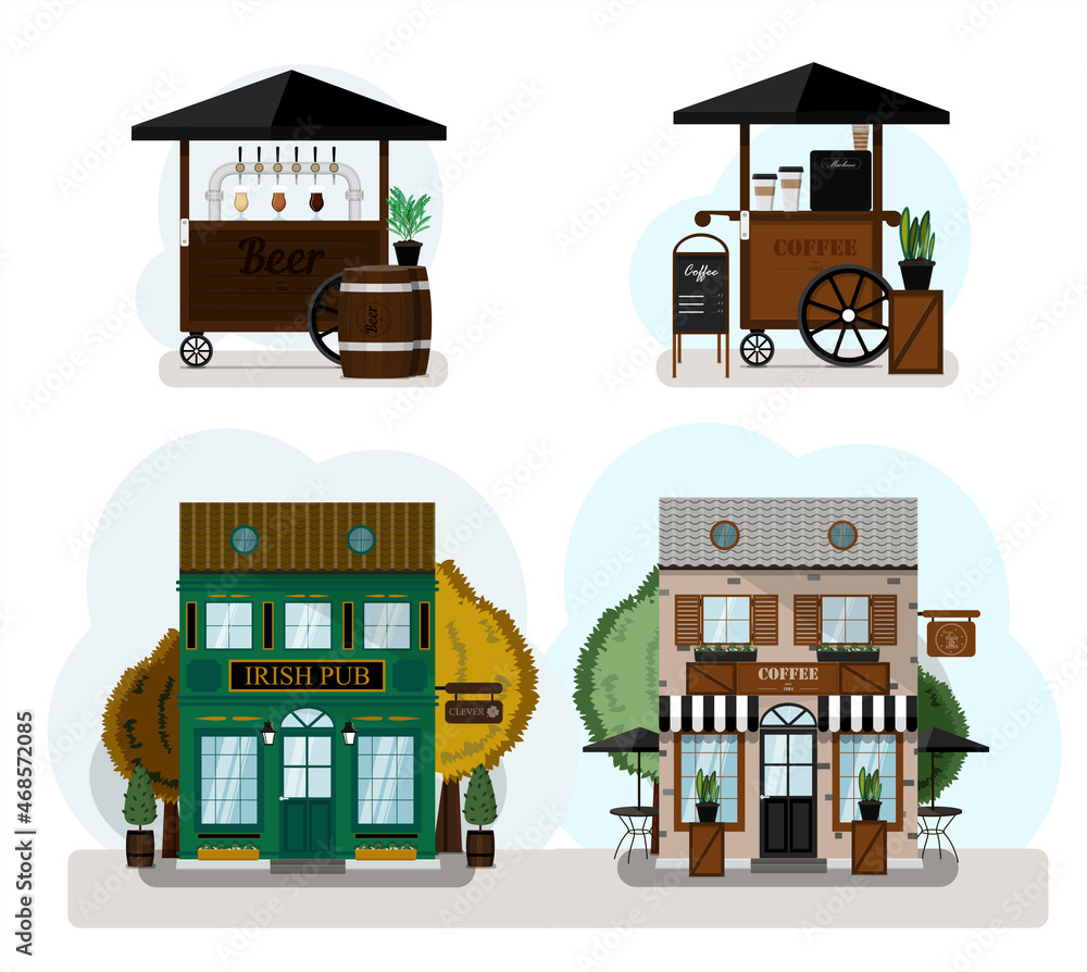 A set of vector restaurants, food carts and cafes. Irish pub exterior, coffee house. Flat design of facade. Beer house building concept.Illustration of a city street. St. Patrick s Day A set of vector restaurants, food carts and cafes. Irish pub exterior, coffee house. Flat design of facade. Beer house building concept.Illustration of a city street. St. Patrick s Day