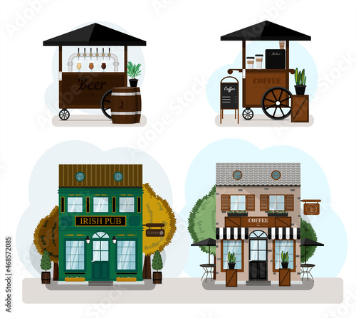 A set of vector restaurants, food carts and cafes. Irish pub exterior, coffee house. Flat design of facade. Beer house building concept.Illustration of a city street. St. Patrick s Day