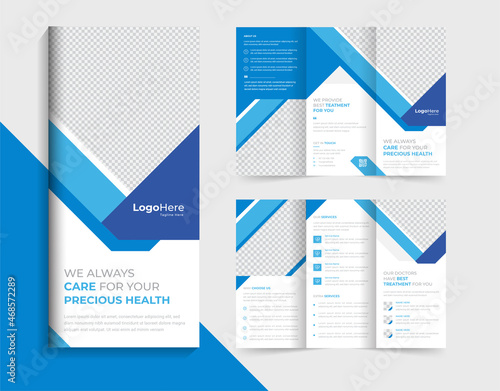 Medical trifold brochure design template layout with blue abstract shapes premium vector
