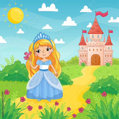 Cute little girl and princess in a blue beautiful dress holding a bird on the background of a castle in a green meadow. Vector illustration in a cartoon style.