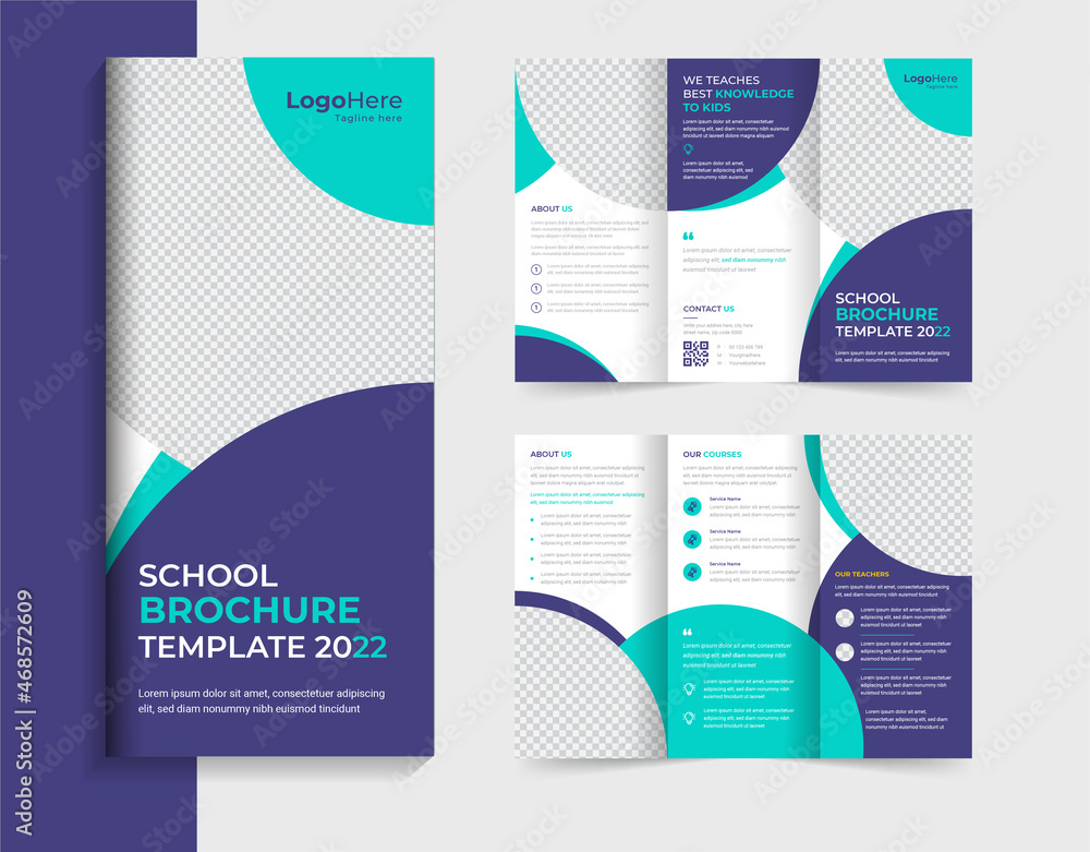 School education trifold brochure design template layout with round shapes vector