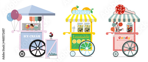 Set of vector candy cart, ice cream and lemonade carts. Vector flat illustration of a street fast food. Point of sale of ice cream, lemonade, Gelato and milkshakes. Cold desserts for children. Wooden