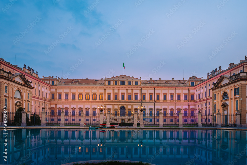 The Royal Villa of Monza, a neoclassical style building illuminated at sunrise
