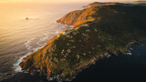 Cape fisterre the end of the earth for the ancient tradition, aerial view of rock cliff formation over Atlantic Ocean sea in Galicia autonomous region of north Spain Cabo fisterra