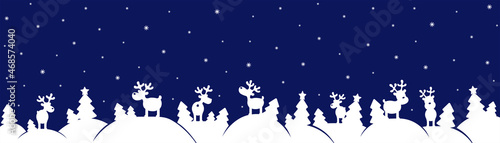Long horizontal banner with christmas tree and reindeers. Vector winter template for laser cut.