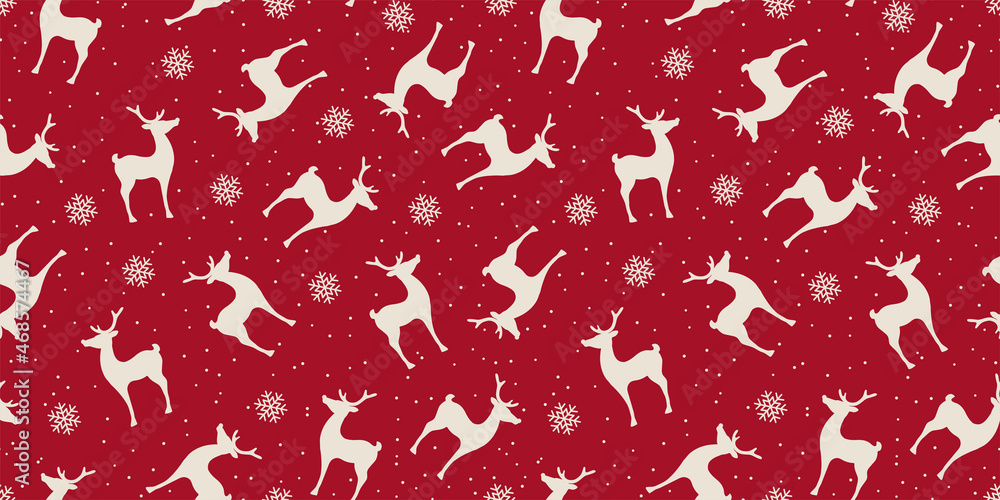Christmas seamless vector pattern, deers on a red background. Design for gift wrapping paper, fabric, clothes, textile, surface textures, scrapbook, wallpaper. Christmas seamless vector pattern, deers on a red background. Design for gift wrapping paper, fabric, clothes, textile, surface textures, scrapbook, wallpaper.