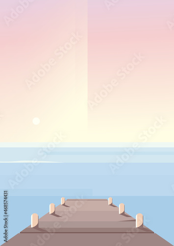 Sea pier at dawn. Natural scenery in vertical orientation.