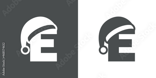 Logotipo con letra inicial E con silueta de sombrero de Papá Noel en fondo gris y fondo blanco, para su uso en invitaciones y tarjetas de felicitación