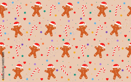 Vector seamless Christmas pattern, gingerbread man, candy cane, stars, heart, snowflaces Design for gift wrapping paper, fabric, clothes, textile, surface textures, scrapbook, wallpaper.