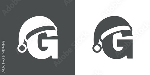 Logotipo con letra inicial G con silueta de sombrero de Papá Noel en fondo gris y fondo blanco, para su uso en invitaciones y tarjetas de felicitación