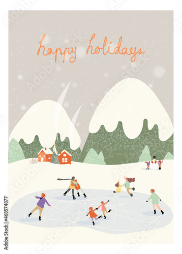 Vector illustration of a Christmas winter greeting postcard.Green color of winter mountain countryside landscape with people happy outdoor,skating,pine tree and snowman.Happy holidays © Paansaeng