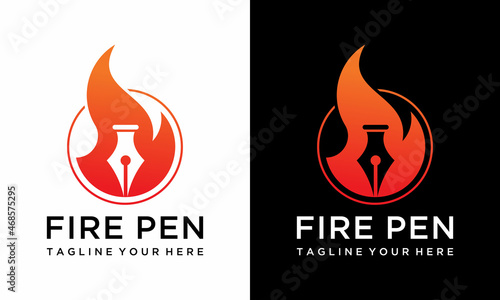 pen fire vector logo design.flame, icon, symbol. on a black and white background.