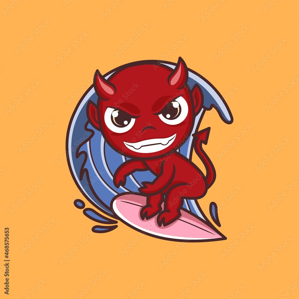 cute cartoon devil surfing the waves. vector illustration for mascot logo or sticker cute cartoon devil surfing the waves. vector illustration for mascot logo or sticker