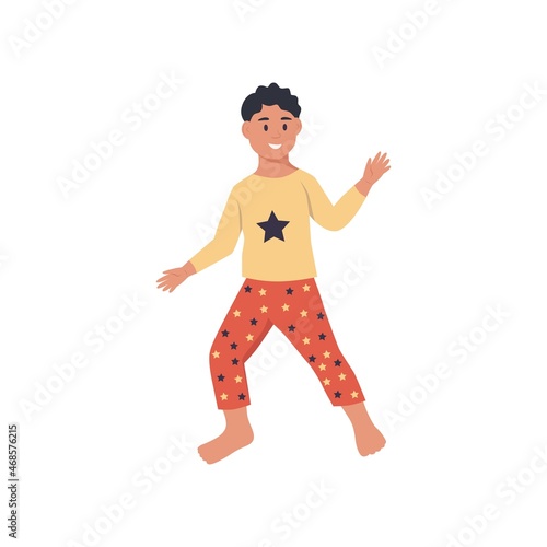 A boy in pajamas dancing barefoot. Flat vector illustration.