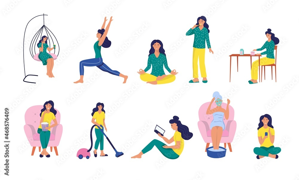 A set of characters: a woman at home, daily routine and activity. The girl eats, brushes her teeth, does sports, reads, vacuums