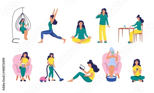 A set of characters: a woman at home, daily routine and activity. The girl eats, brushes her teeth, does sports, reads, vacuums