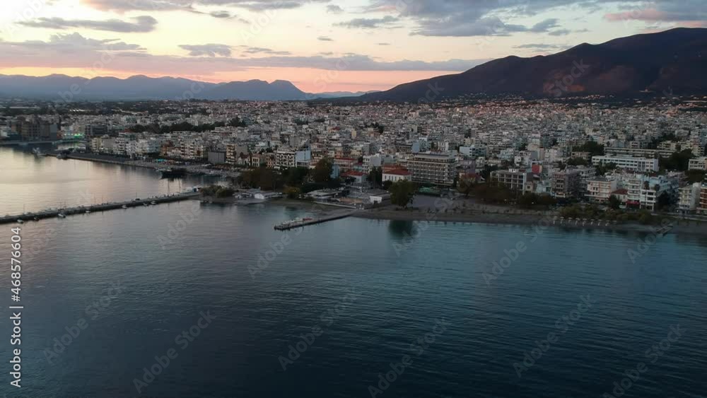 Aerial seaside view over seaside city of Kalamata, Greece at sunset Aerial seaside view over seaside city of Kalamata, Greece at sunset