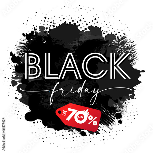 Black Friday, brush and ink grunge banner. Special offer discount up to 70 off, red label for hot sale design. Autumn promotion, vector illustration