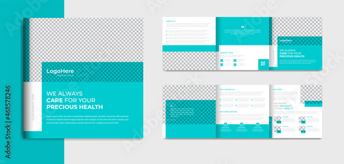 Square trifold medical brochure design template layout, green minimal shapes for checkup, treatment, clinic, hospital purpose