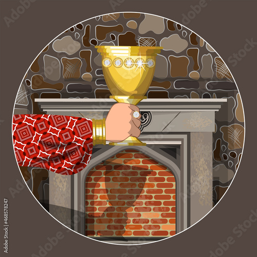 The hand of a medieval nobleman with a golden glass against the background of an extinct fireplace and a stone wall. Round picture. Vector illustration