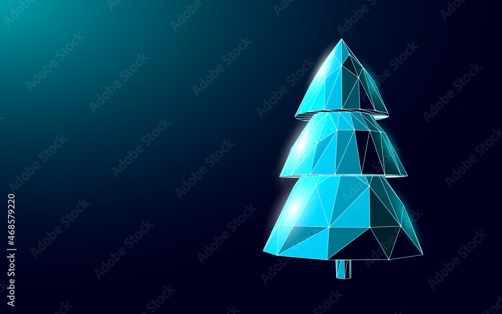 Merry Christmas tree 3D object. Holiday greeting card decoration Christmas tree silhouette concept. Fir forest wood design dark neon vector illustration Merry Christmas tree 3D object. Holiday greeting card decoration Christmas tree silhouette concept. Fir forest wood design dark neon vector illustration