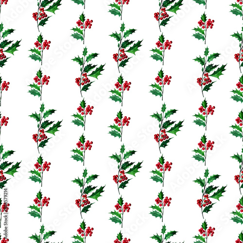 Watercolor seamless pattern with holly plant